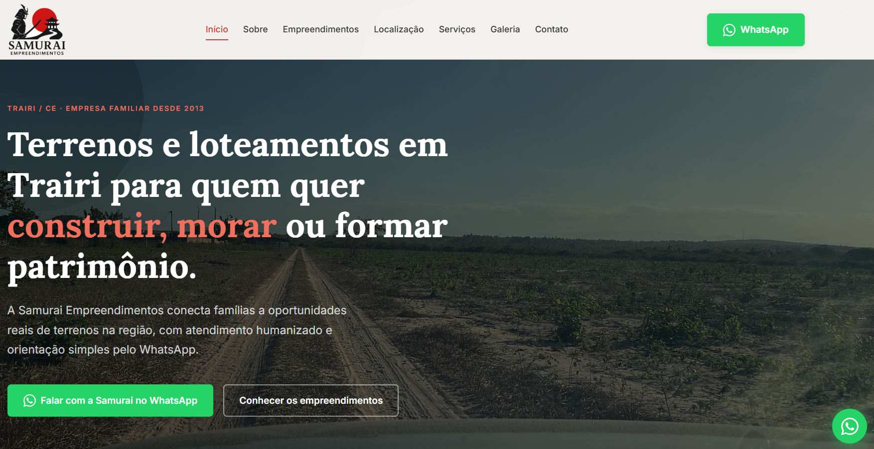 Preview do site da Samurai Empreendimentos